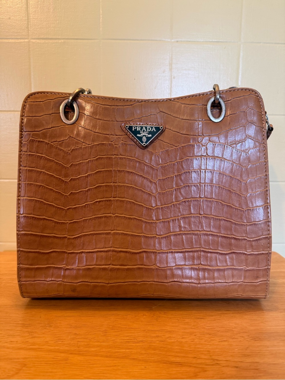 Prada Tan Croc-Embossed Leather Shoulder Bag